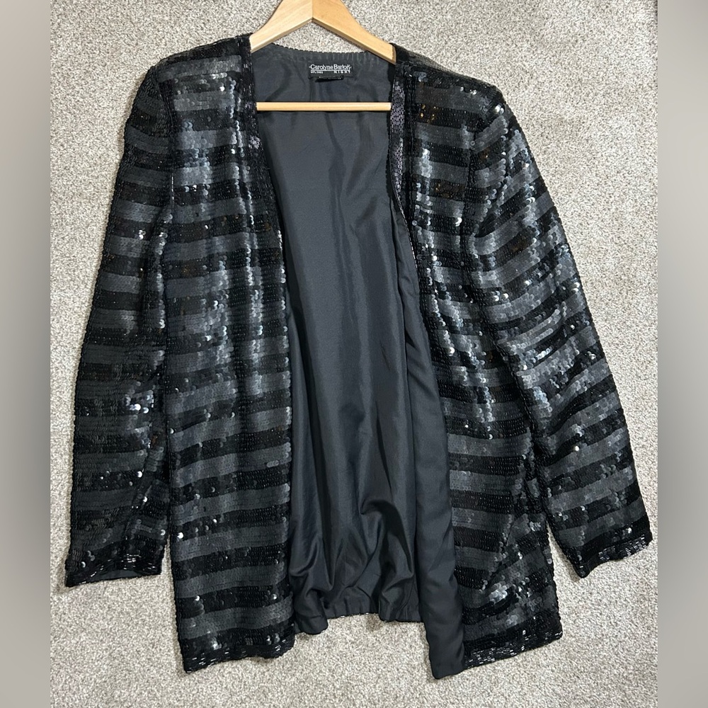 Carolyn Barton Silk Sequin Hearts Black Striped Sequin Blazer